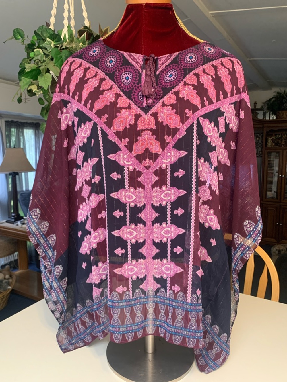 Women’s Lightweight Boho Style Tunic Top - Pink on Burgundy
